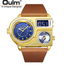 Load image into Gallery viewer, Oulm 5026 New Dual Display Two Time Zone Sport Watch Male Big Dial Quartz Clock Hours Men&#39;s Genuine Leather Strap Wristwatch
