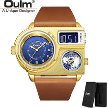 Load image into Gallery viewer, Oulm 5026 New Dual Display Two Time Zone Sport Watch Male Big Dial Quartz Clock Hours Men&#39;s Genuine Leather Strap Wristwatch
