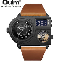 Load image into Gallery viewer, Oulm 5026 New Dual Display Two Time Zone Sport Watch Male Big Dial Quartz Clock Hours Men&#39;s Genuine Leather Strap Wristwatch
