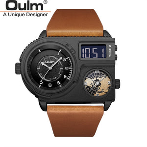 Oulm 5026 New Dual Display Two Time Zone Sport Watch Male Big Dial Quartz Clock Hours Men&#39;s Genuine Leather Strap Wristwatch