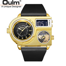 Load image into Gallery viewer, Oulm 5026 New Dual Display Two Time Zone Sport Watch Male Big Dial Quartz Clock Hours Men&#39;s Genuine Leather Strap Wristwatch
