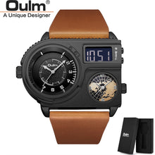 Load image into Gallery viewer, Oulm 5026 New Dual Display Two Time Zone Sport Watch Male Big Dial Quartz Clock Hours Men&#39;s Genuine Leather Strap Wristwatch
