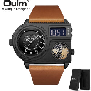 Oulm 5026 New Dual Display Two Time Zone Sport Watch Male Big Dial Quartz Clock Hours Men&#39;s Genuine Leather Strap Wristwatch