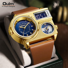 Load image into Gallery viewer, Oulm 5026 New Dual Display Two Time Zone Sport Watch Male Big Dial Quartz Clock Hours Men&#39;s Genuine Leather Strap Wristwatch
