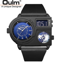 Load image into Gallery viewer, Oulm 5026 New Dual Display Two Time Zone Sport Watch Male Big Dial Quartz Clock Hours Men&#39;s Genuine Leather Strap Wristwatch
