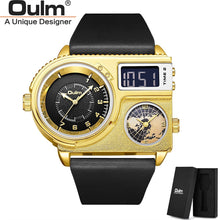 Load image into Gallery viewer, Oulm 5026 New Dual Display Two Time Zone Sport Watch Male Big Dial Quartz Clock Hours Men&#39;s Genuine Leather Strap Wristwatch
