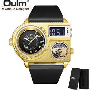 Oulm 5026 New Dual Display Two Time Zone Sport Watch Male Big Dial Quartz Clock Hours Men&#39;s Genuine Leather Strap Wristwatch
