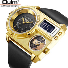 Load image into Gallery viewer, Oulm 5026 New Dual Display Two Time Zone Sport Watch Male Big Dial Quartz Clock Hours Men&#39;s Genuine Leather Strap Wristwatch
