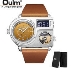 Load image into Gallery viewer, Oulm 5026 New Dual Display Two Time Zone Sport Watch Male Big Dial Quartz Clock Hours Men&#39;s Genuine Leather Strap Wristwatch
