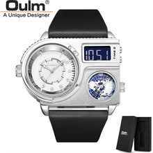 Load image into Gallery viewer, Oulm 5026 New Dual Display Two Time Zone Sport Watch Male Big Dial Quartz Clock Hours Men&#39;s Genuine Leather Strap Wristwatch
