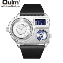 Load image into Gallery viewer, Oulm 5026 New Dual Display Two Time Zone Sport Watch Male Big Dial Quartz Clock Hours Men&#39;s Genuine Leather Strap Wristwatch
