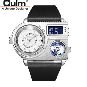 Oulm 5026 New Dual Display Two Time Zone Sport Watch Male Big Dial Quartz Clock Hours Men&#39;s Genuine Leather Strap Wristwatch