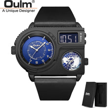 Load image into Gallery viewer, Oulm 5026 New Dual Display Two Time Zone Sport Watch Male Big Dial Quartz Clock Hours Men&#39;s Genuine Leather Strap Wristwatch
