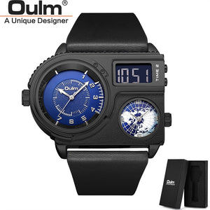 Oulm 5026 New Dual Display Two Time Zone Sport Watch Male Big Dial Quartz Clock Hours Men&#39;s Genuine Leather Strap Wristwatch