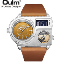 Load image into Gallery viewer, Oulm 5026 New Dual Display Two Time Zone Sport Watch Male Big Dial Quartz Clock Hours Men&#39;s Genuine Leather Strap Wristwatch
