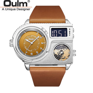 Oulm 5026 New Dual Display Two Time Zone Sport Watch Male Big Dial Quartz Clock Hours Men&#39;s Genuine Leather Strap Wristwatch